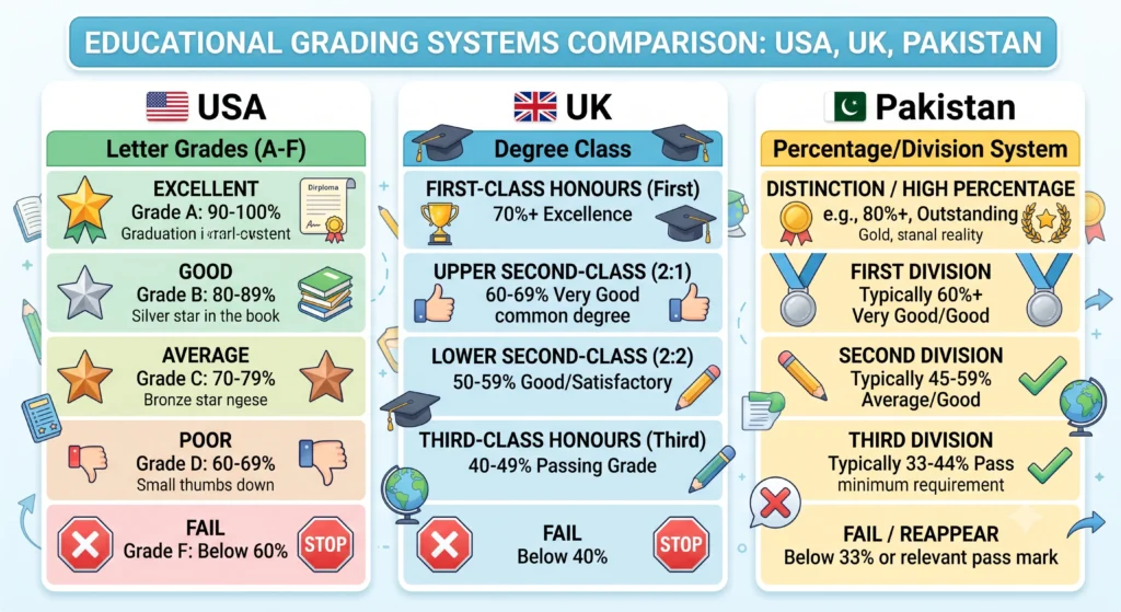 grading systems comparison USA UK Pakistan
