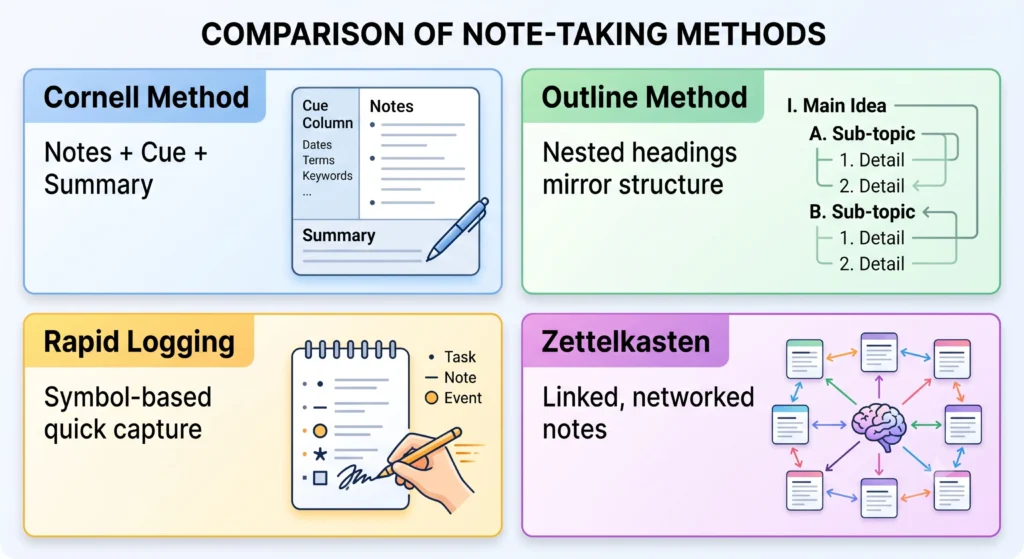 note taking methods Cornell Zettelkasten outline