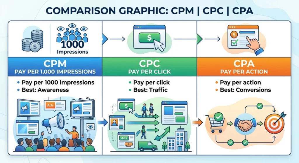 CPM vs CPC vs CPA pricing models comparison