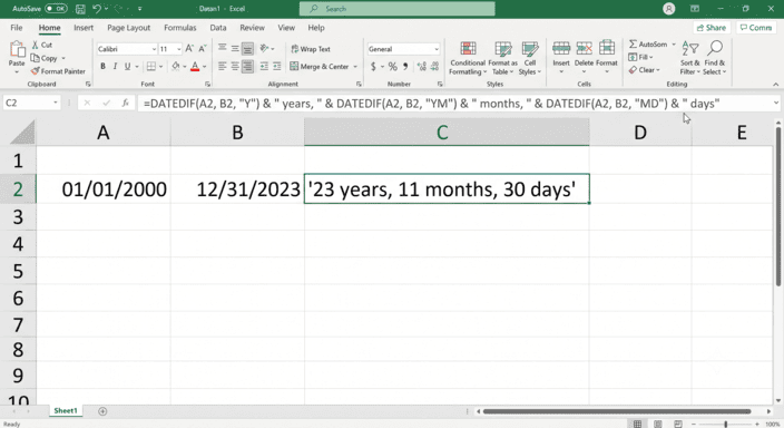 Excel DATEDIF formula age calculation