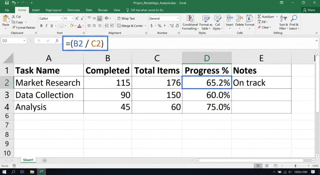 Excel percentage formula calculation