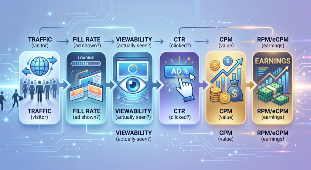 AdSense metrics chain fill rate viewability CTR RPM