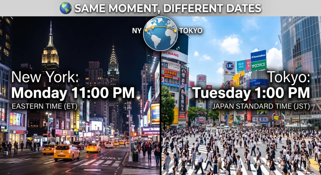 same moment different calendar dates time zones