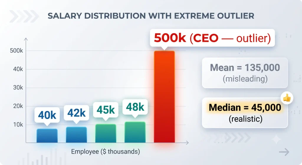 mean vs median salary outlier example chart